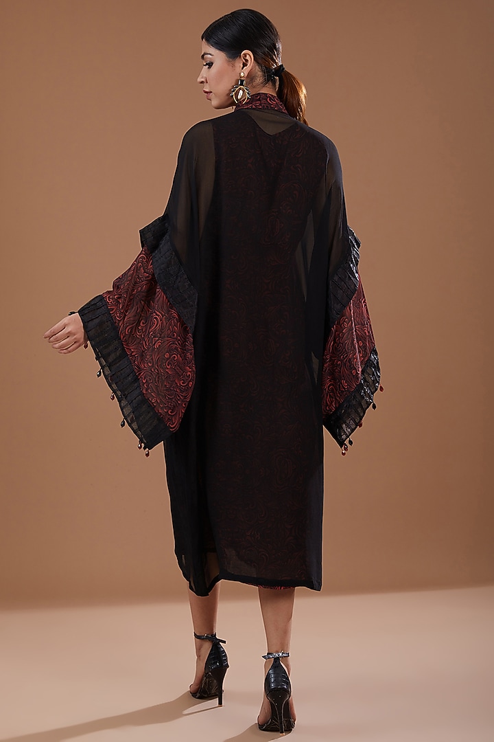 Black Georgette Abstract Printed & Crystals Embroidered Kaftan by YagaanaByP at Pernia's Pop Up Shop
