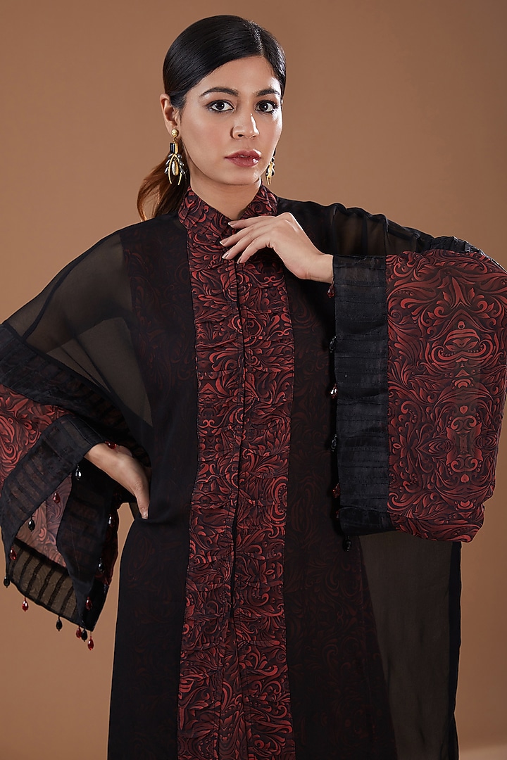 Black Georgette Abstract Printed & Crystals Embroidered Kaftan by YagaanaByP at Pernia's Pop Up Shop