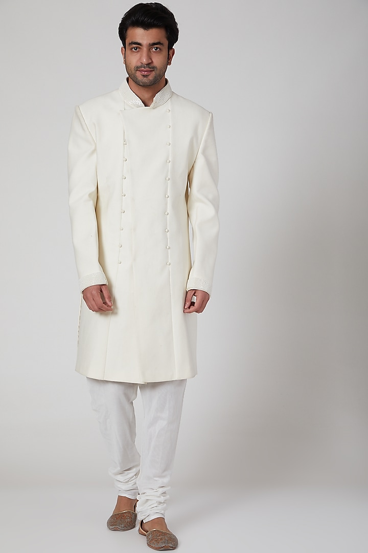 White Embroidered Asymmetric Sherwani by YAJY By Aditya Jain