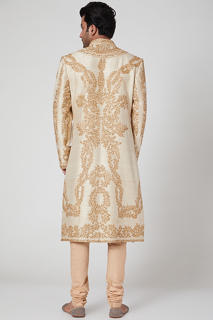 Beige Hand Embroidered Wedding Sherwani by YAJY By Aditya Jain at Pernia's Pop Up Shop