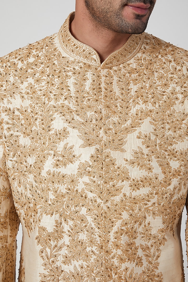 Beige Hand Embroidered Wedding Sherwani by YAJY By Aditya Jain at Pernia's Pop Up Shop