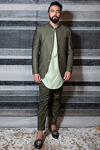 Olive Green Self Embroidered Bandhgala Jacket Set by YAJY By Aditya Jain