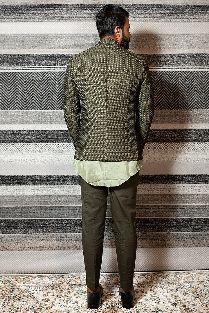Olive Green Self Embroidered Wedding Bandhgala Jacket Set by YAJY By Aditya Jain at Pernia's Pop Up Shop