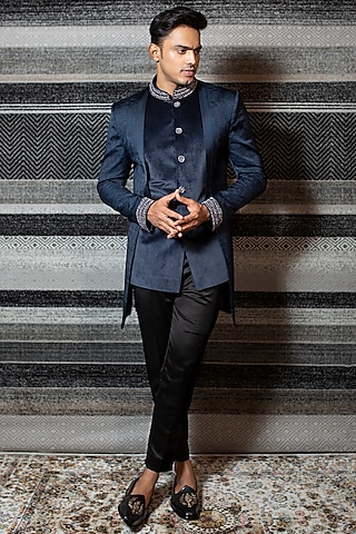 Midnight Blue Suede Bandhgala Jacket Set by YAJY By Aditya Jain