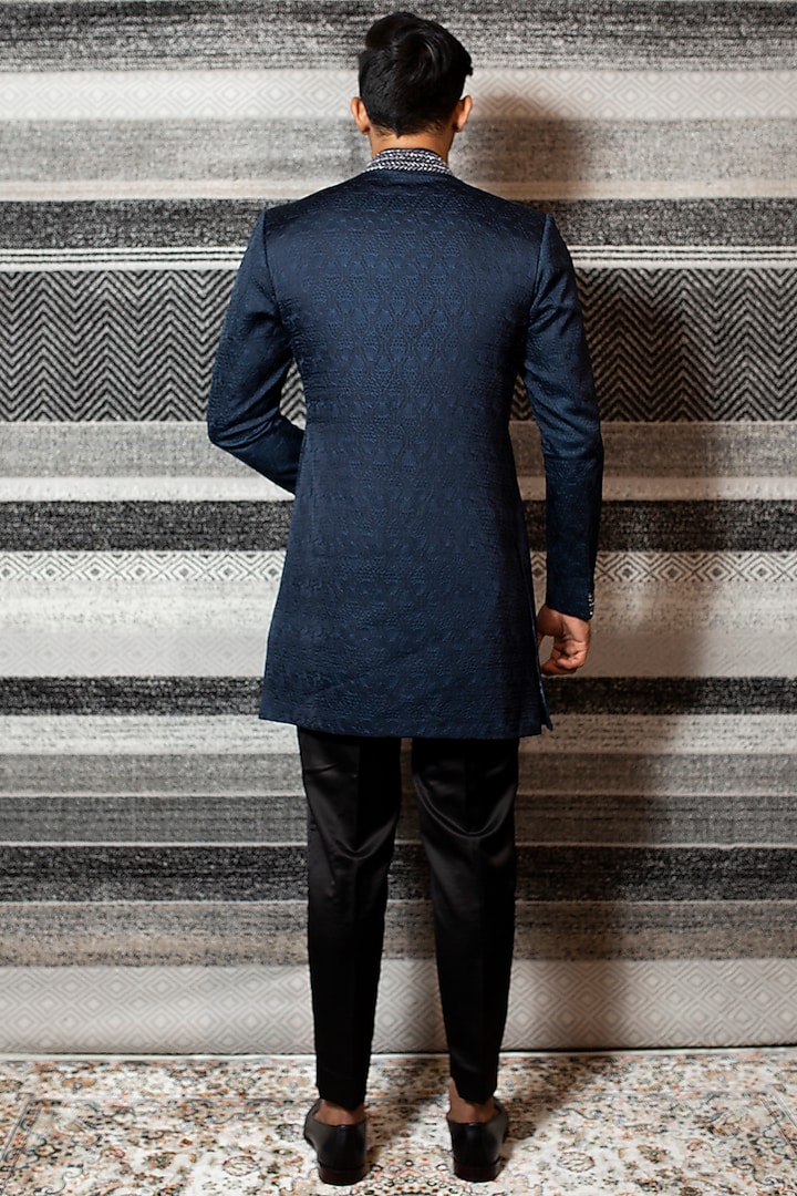 Midnight Blue Suede Wedding Bandhgala Jacket Set by YAJY By Aditya Jain at Pernia's Pop Up Shop