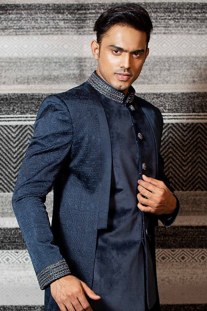 Midnight Blue Suede Wedding Bandhgala Jacket Set by YAJY By Aditya Jain at Pernia's Pop Up Shop