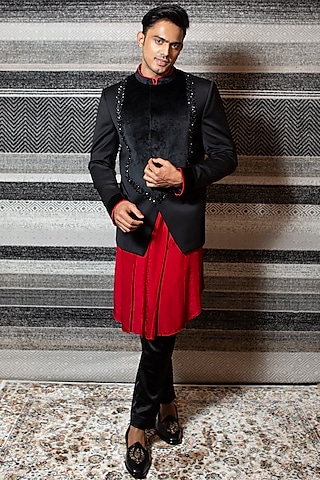 Black Embroidered Bandhgala Jacket Set by YAJY By Aditya Jain