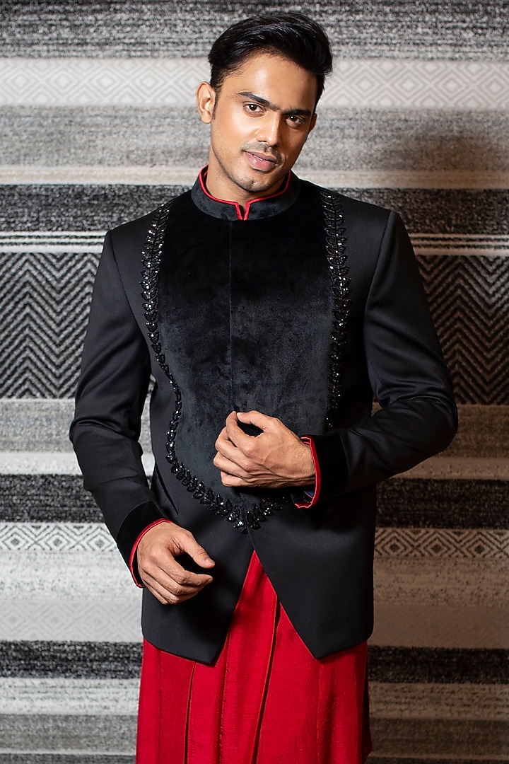 Black Embroidered Wedding Bandhgala Jacket Set by YAJY By Aditya Jain at Pernia's Pop Up Shop