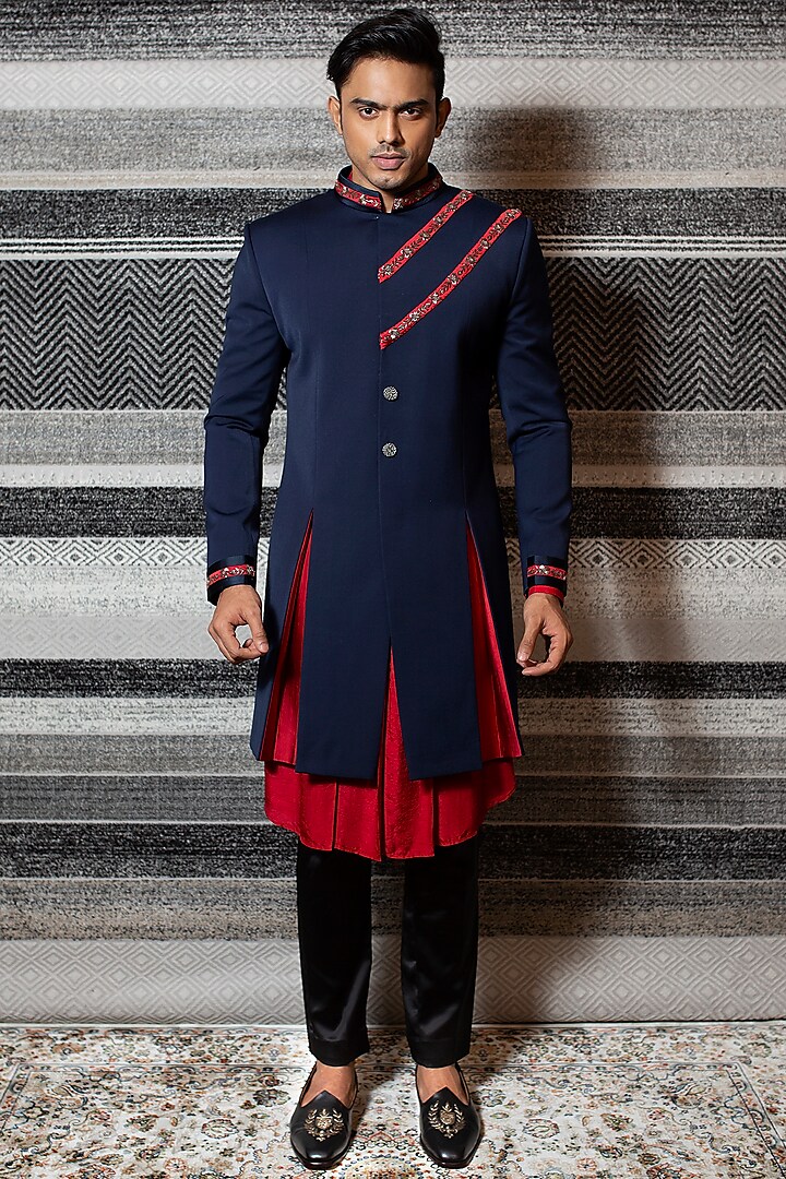 Red Kurta Set With Box-Pleated Draped Jacket by YAJY By Aditya Jain