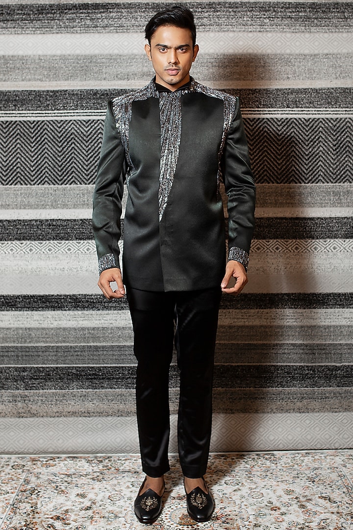 Dark Grey Embroidered Bandhgala Set by YAJY By Aditya Jain