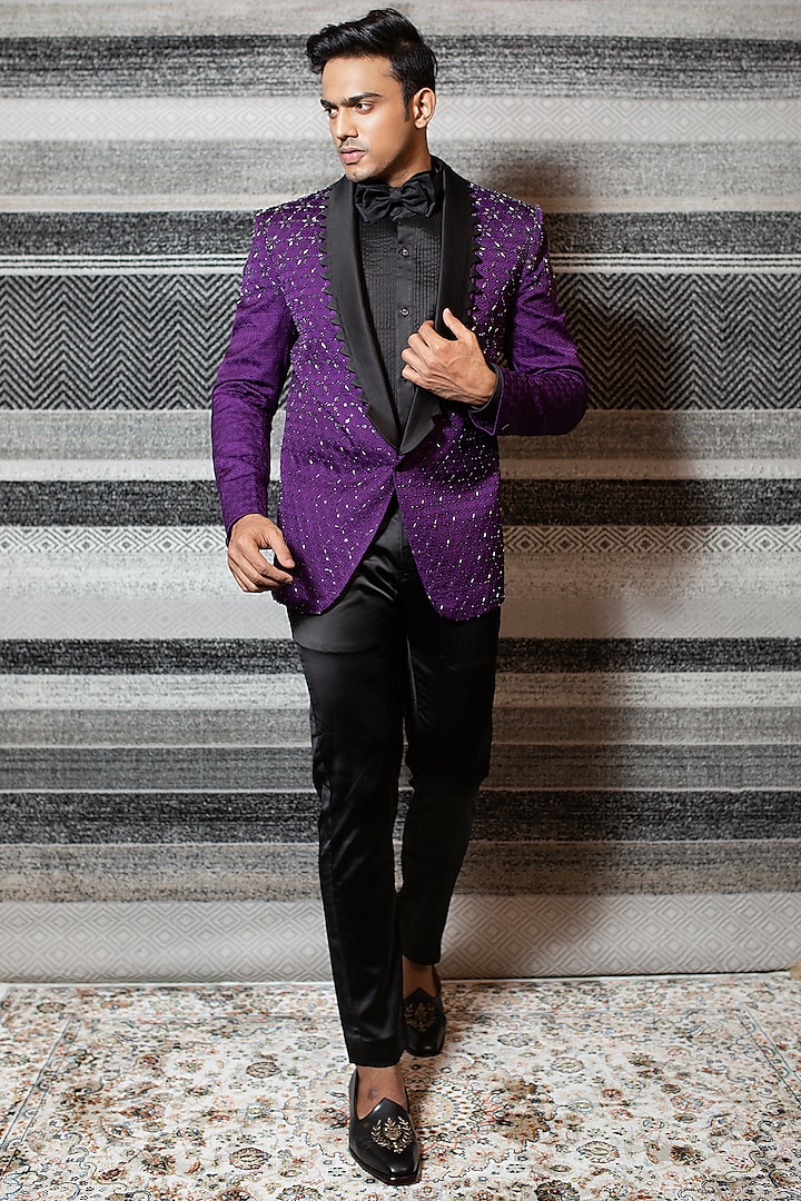 Purple & Black Hand Embroidered Tuxedo Set by YAJY By Aditya Jain