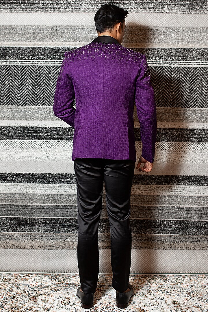 Purple & Black Hand Embroidered Tuxedo Set by YAJY By Aditya Jain at Pernia's Pop Up Shop