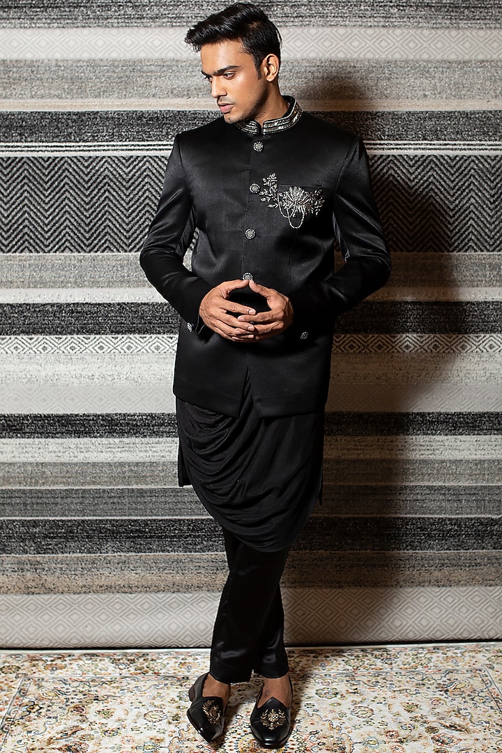 Black Hand Embroidered Bandhgala Jacket Set by YAJY By Aditya Jain