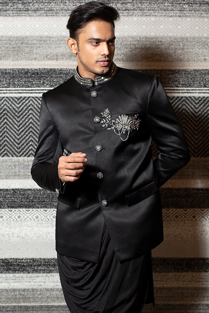 Black Hand Embroidered Wedding Bandhgala Jacket Set by YAJY By Aditya Jain at Pernia's Pop Up Shop