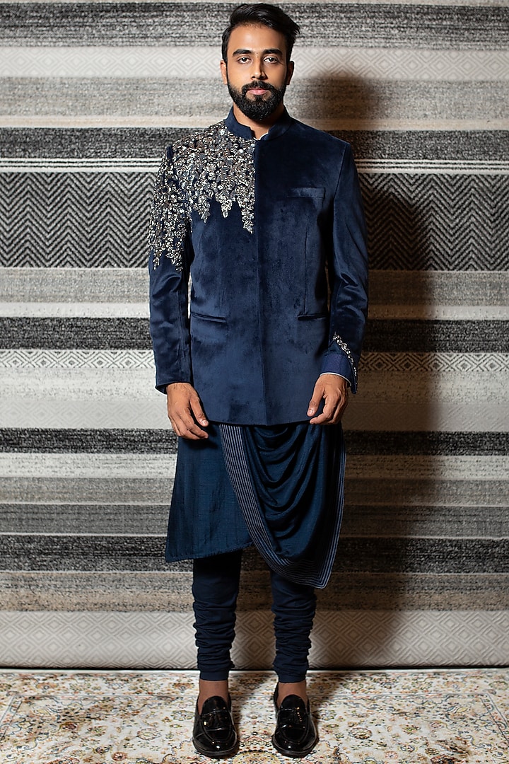 Midnight Blue Embroidered Bandhgala Set by YAJY By Aditya Jain