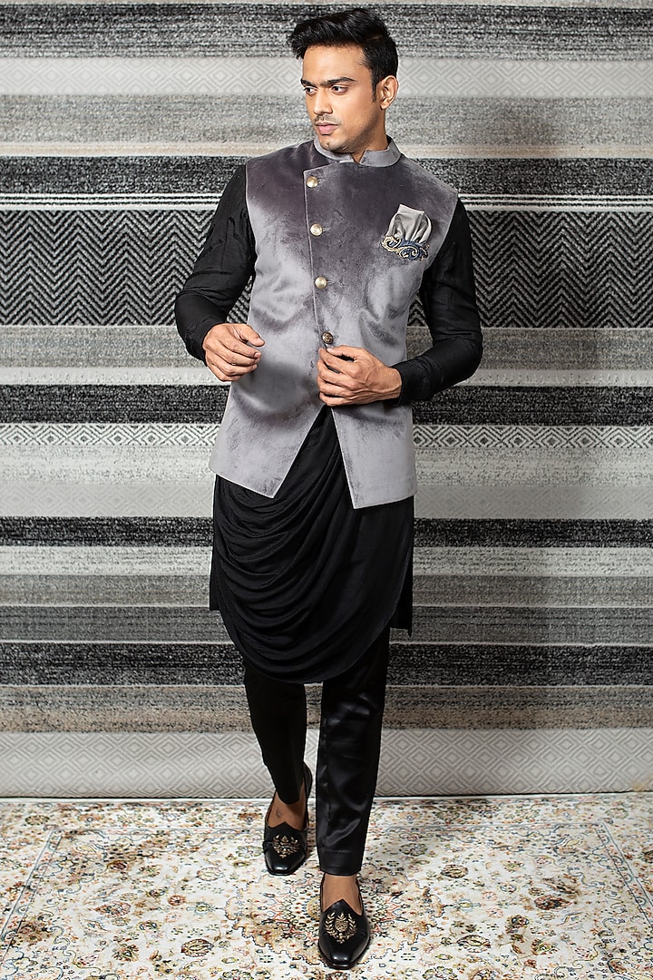 Black Cowl Kurta Set With Nehru Jacket by YAJY By Aditya Jain