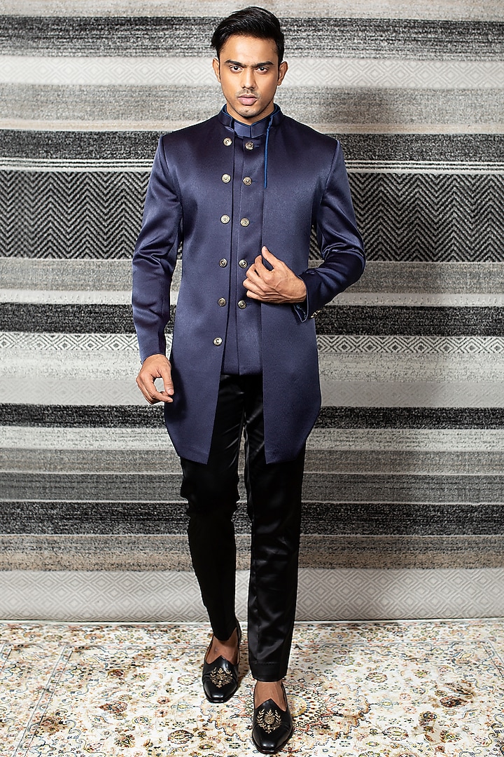  Navy Blue Mock Layer Indo-Western Jacket Set by YAJY By Aditya Jain