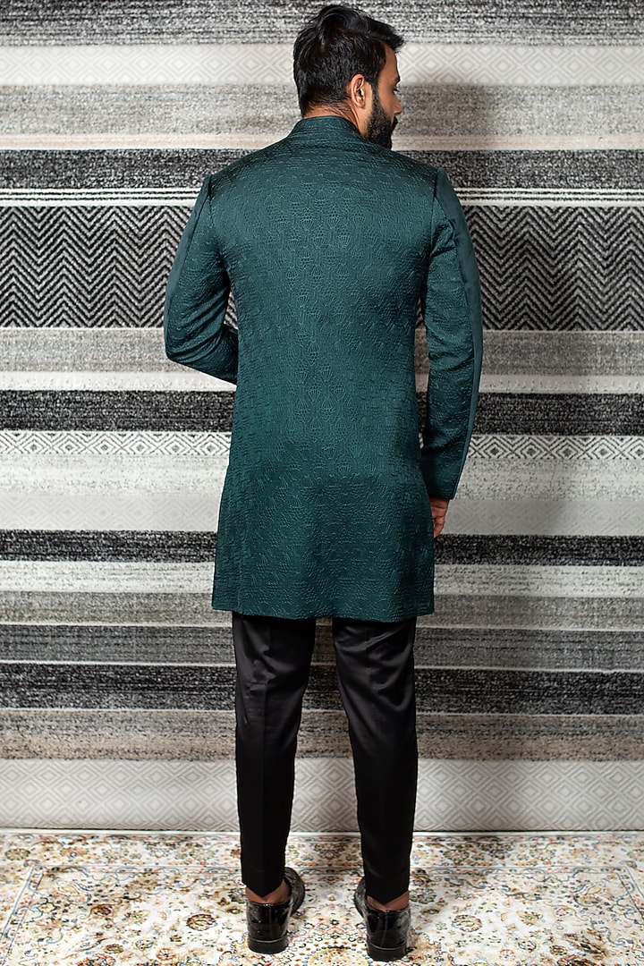 Bottle Green Suede Self Embroidered Layered Wedding Sherwani Set by YAJY By Aditya Jain at Pernia's Pop Up Shop