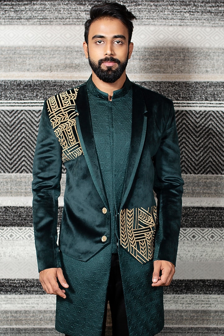 Bottle Green Suede Self Embroidered Layered Wedding Sherwani Set by YAJY By Aditya Jain at Pernia's Pop Up Shop