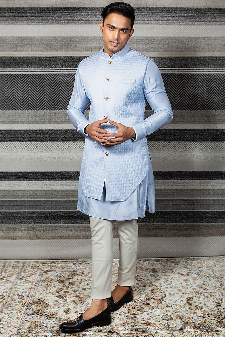 Pastel Blue Kurta Set With Jacket by YAJY By Aditya Jain