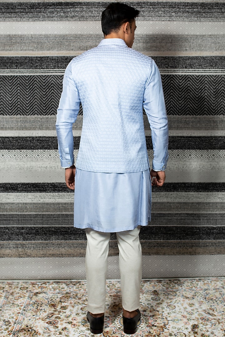 Pastel Blue Kurta Set With Jacket by YAJY By Aditya Jain at Pernia's Pop Up Shop