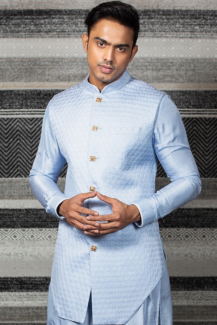 Pastel Blue Kurta Set With Jacket by YAJY By Aditya Jain at Pernia's Pop Up Shop