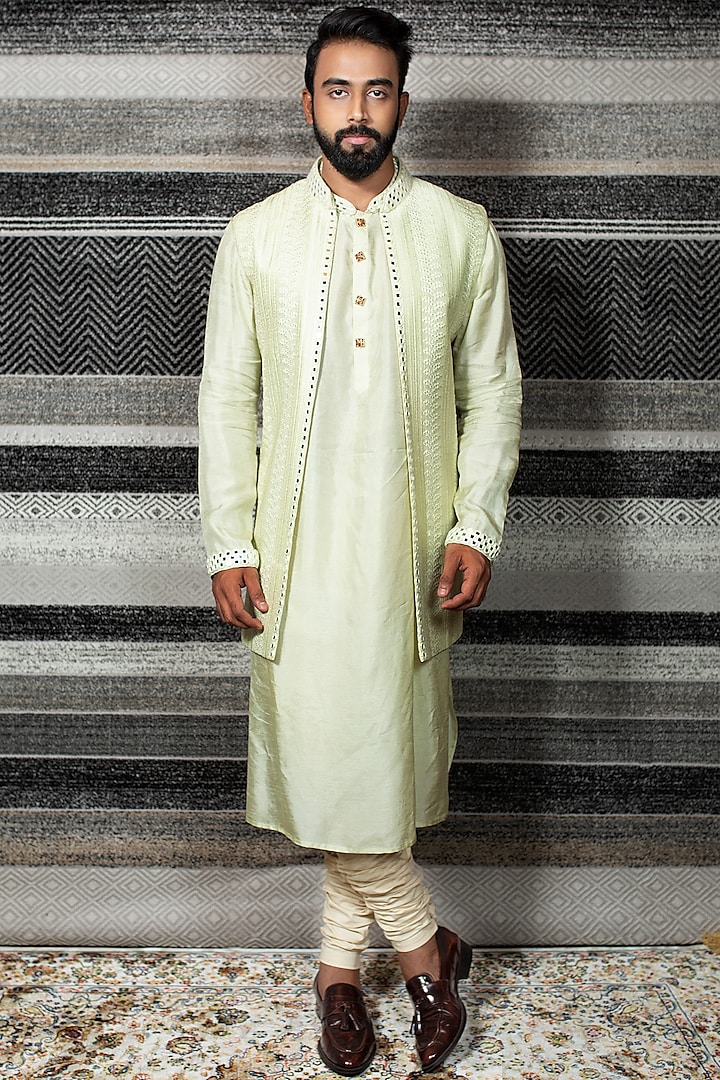 Mint Green Kurta Set With Chikankari Indowestern Jacket by YAJY By Aditya Jain