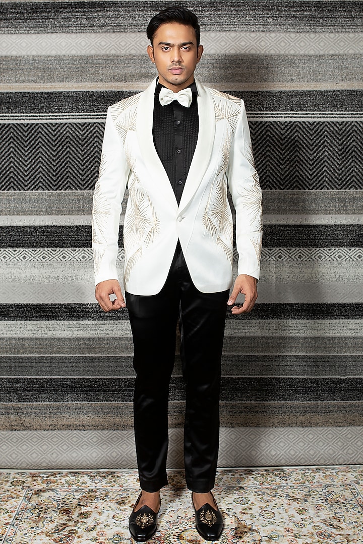 Off White Embroidered Tuxedo Set by YAJY By Aditya Jain