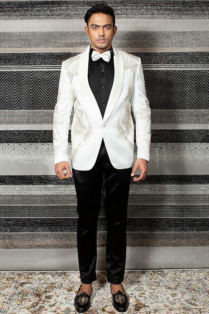 Off White Embroidered Tuxedo Set by YAJY By Aditya Jain at Pernia's Pop Up Shop