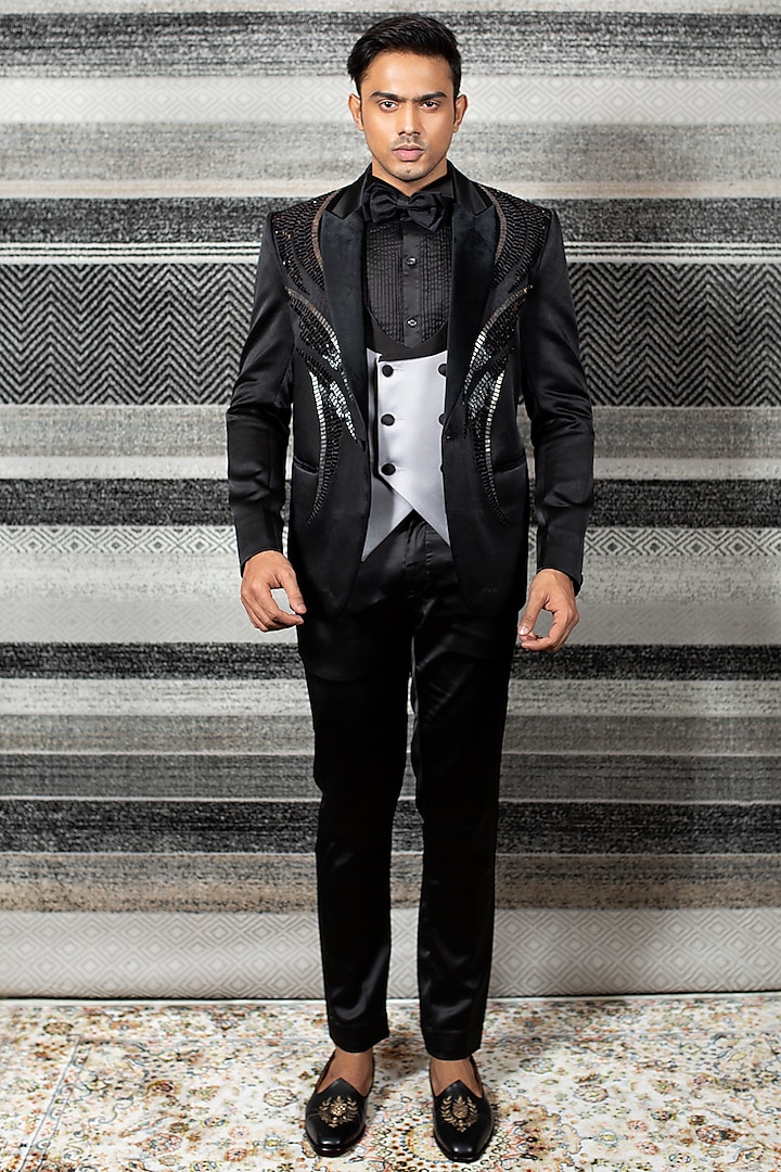 Black Italian Suiting Tuxedo Set by YAJY By Aditya Jain