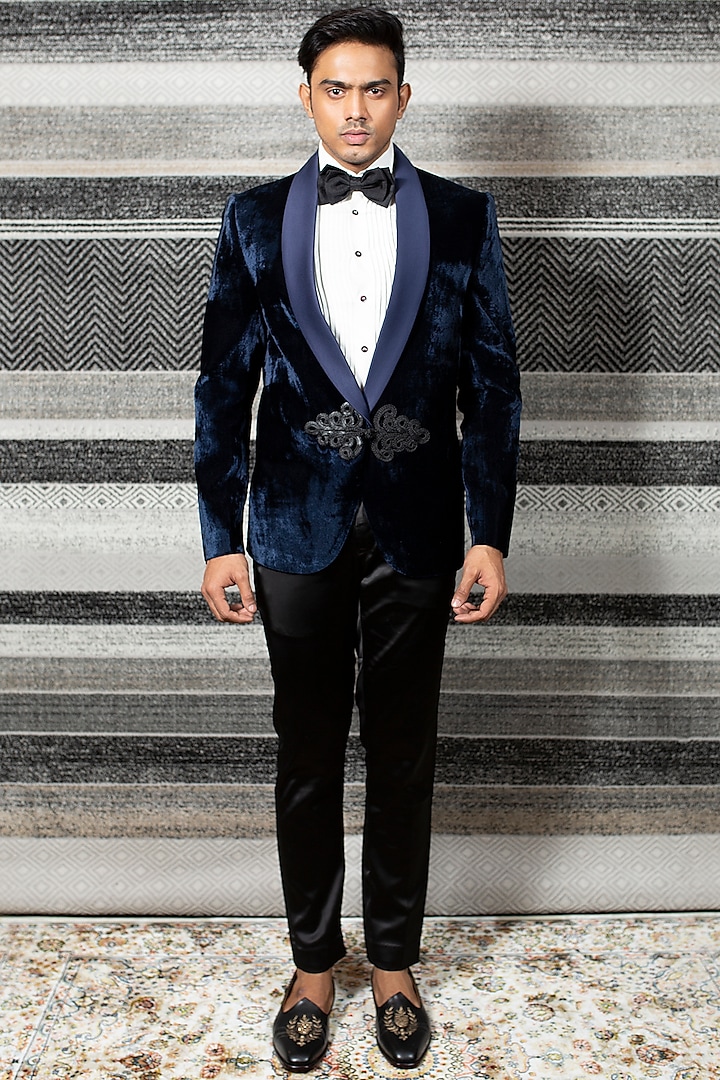 Navy Blue Silk Velvet Tuxedo Set by YAJY By Aditya Jain