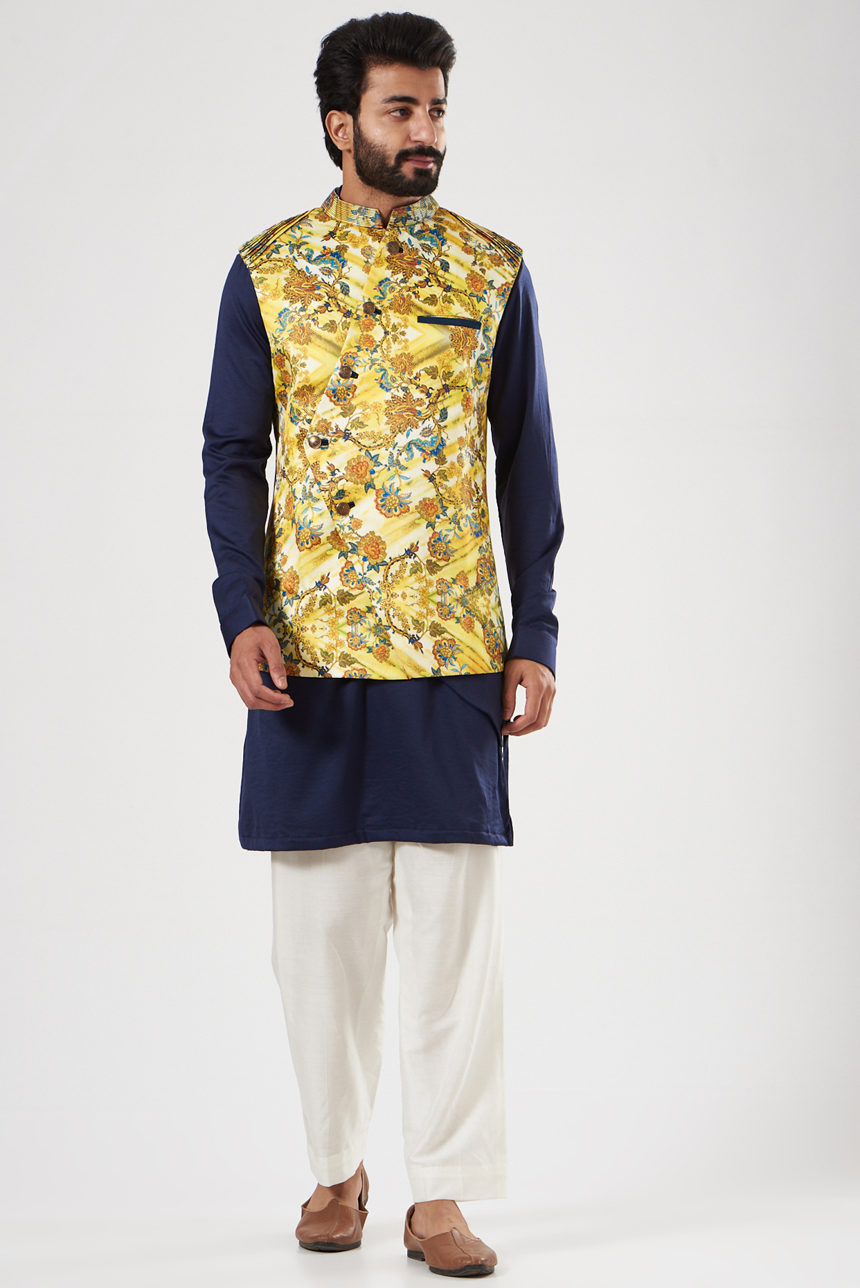 Butter Yellow Italian Silk Printed Nehru Jacket Set by YAJY By Aditya Jain at Pernia's Pop Up Shop