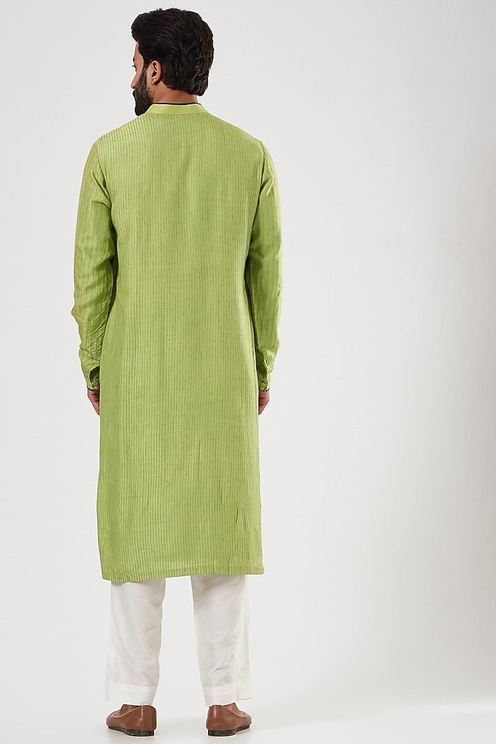 Leaf Green Dola Silk Pintucks Kurta by YAJY By Aditya Jain at Pernia's Pop Up Shop