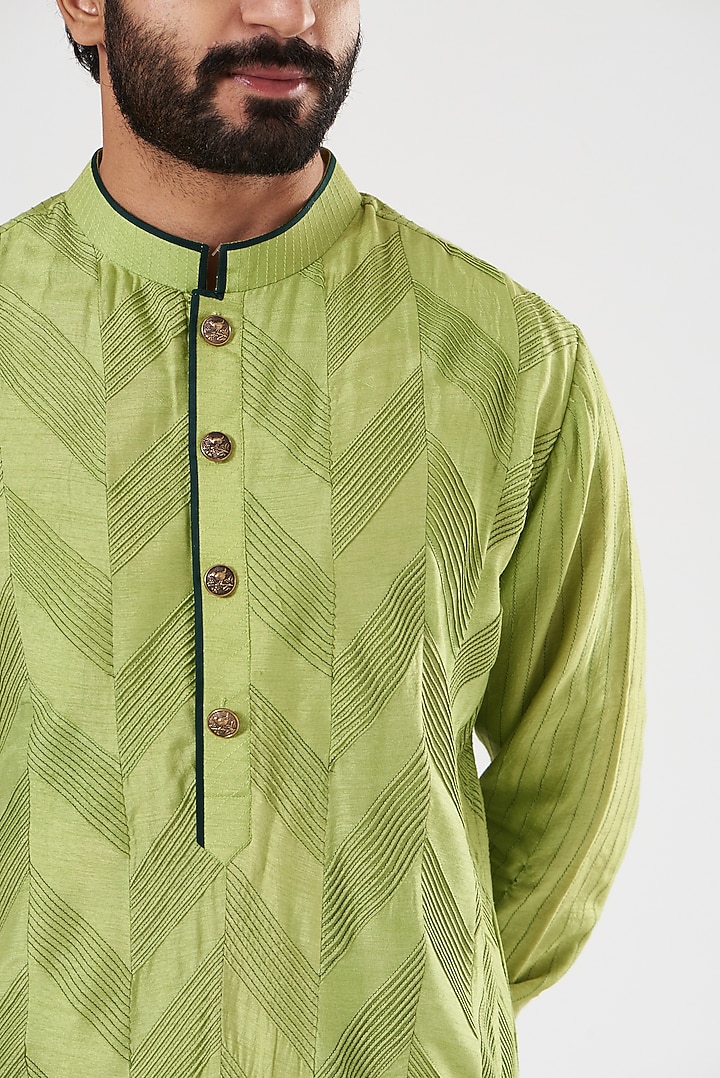 Leaf Green Dola Silk Pintucks Kurta by YAJY By Aditya Jain at Pernia's Pop Up Shop