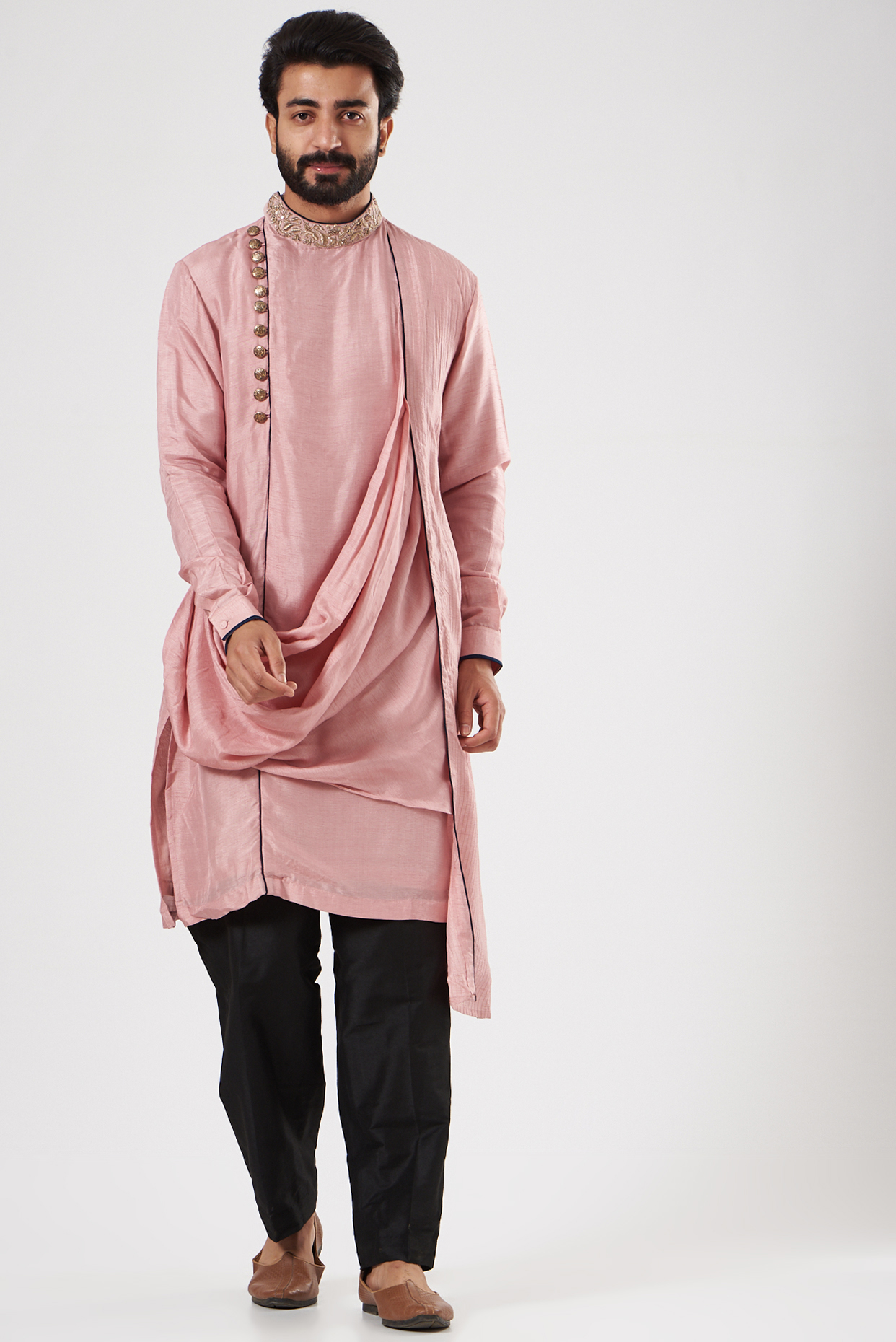 Salmon Pink Embroidered Cowl Kurta by YAJY By Aditya Jain at Pernia's Pop Up Shop