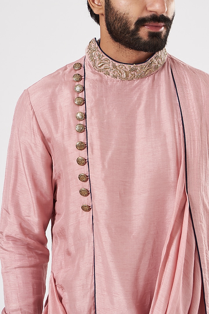 Salmon Pink Embroidered Cowl Kurta by YAJY By Aditya Jain at Pernia's Pop Up Shop