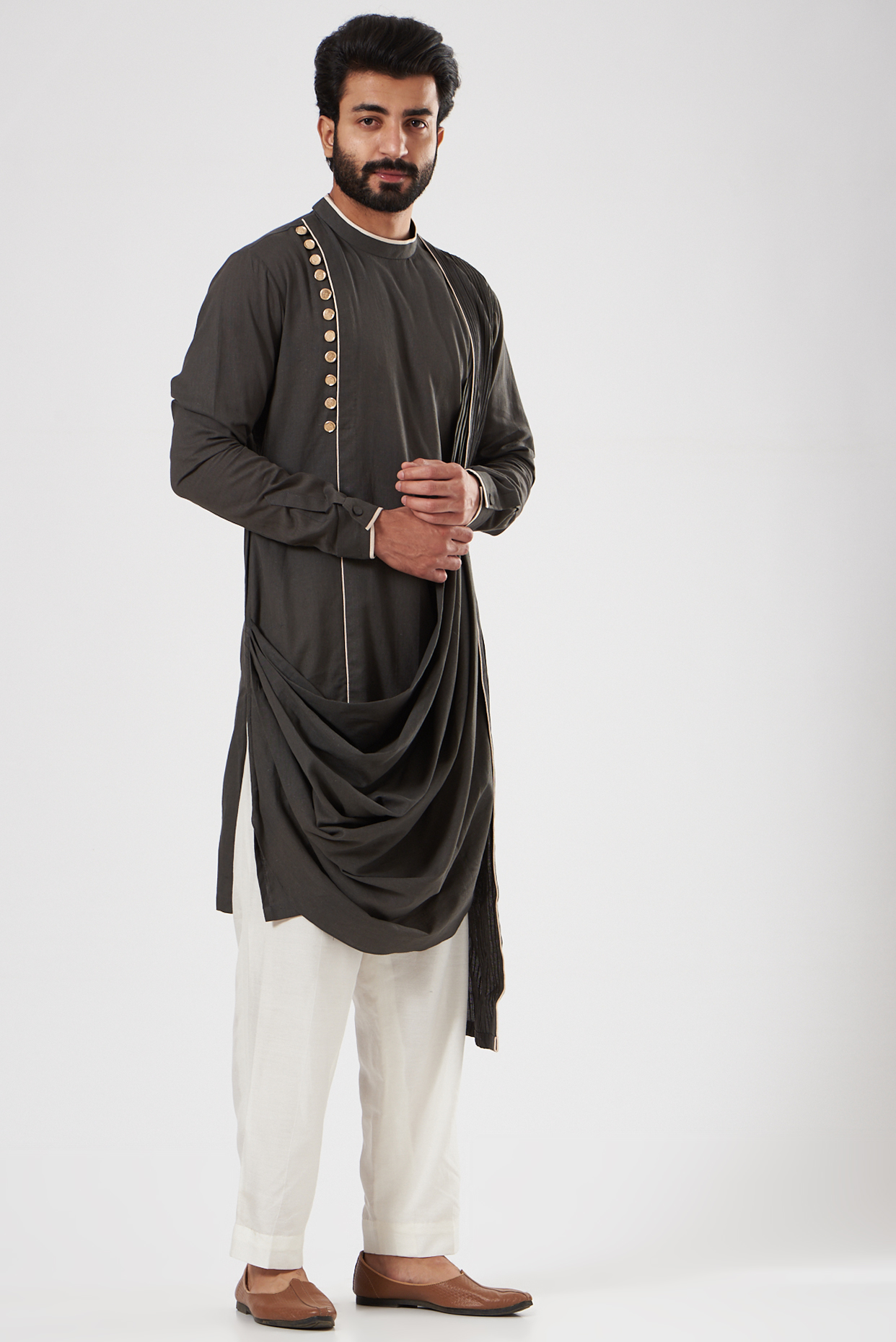Dark Grey Embroidered Cowl Kurta by YAJY By Aditya Jain at Pernia's Pop Up Shop