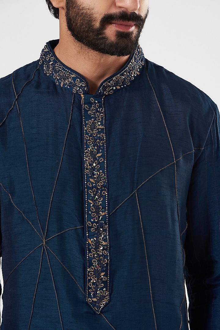 Dark Blue Embroidered Kurta by YAJY By Aditya Jain at Pernia's Pop Up Shop