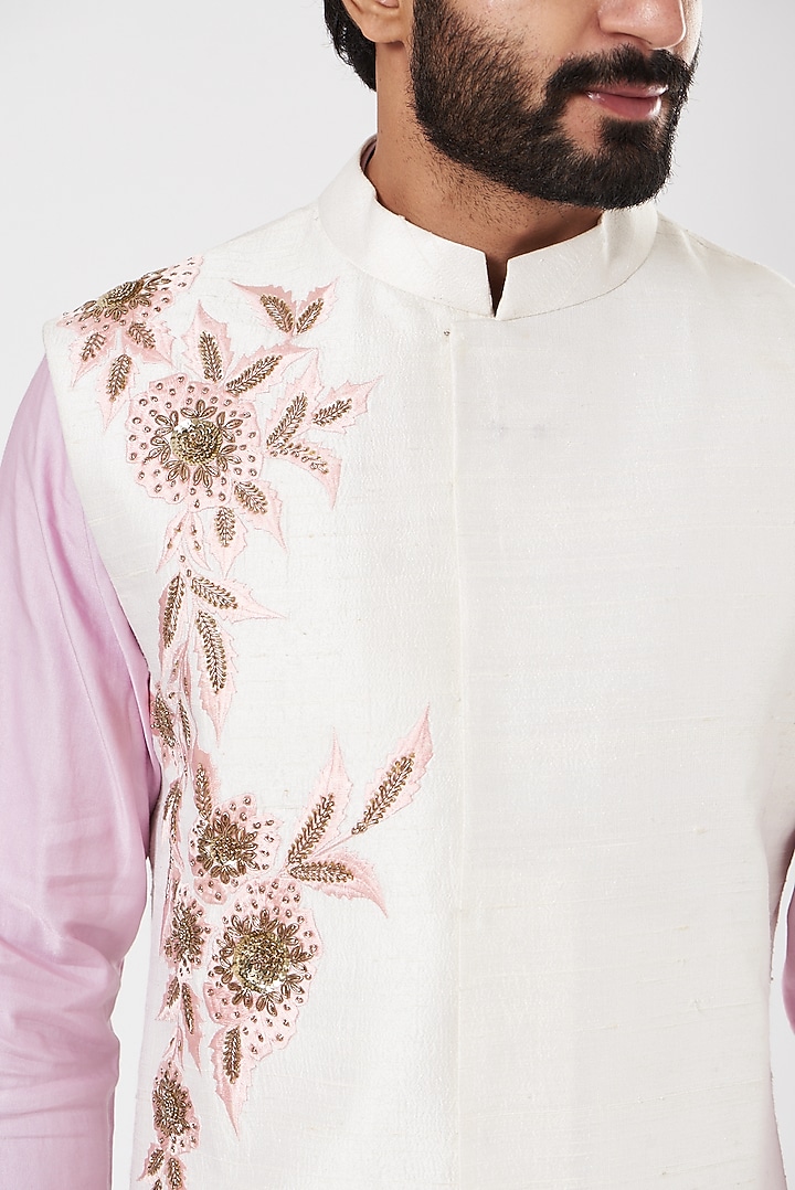 Off-White Raw Silk Nehru Jacket Set by YAJY By Aditya Jain at Pernia's Pop Up Shop