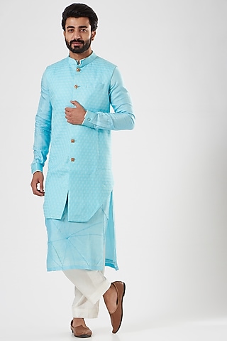 Sky Blue Kurta With Embroidered Nehru Jacket by YAJY By Aditya Jain