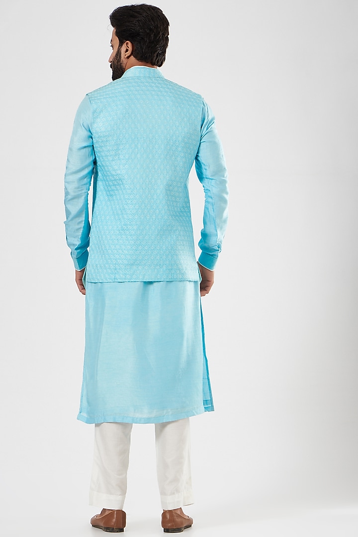 Sky Blue Kurta With Embroidered Nehru Jacket by YAJY By Aditya Jain at Pernia's Pop Up Shop