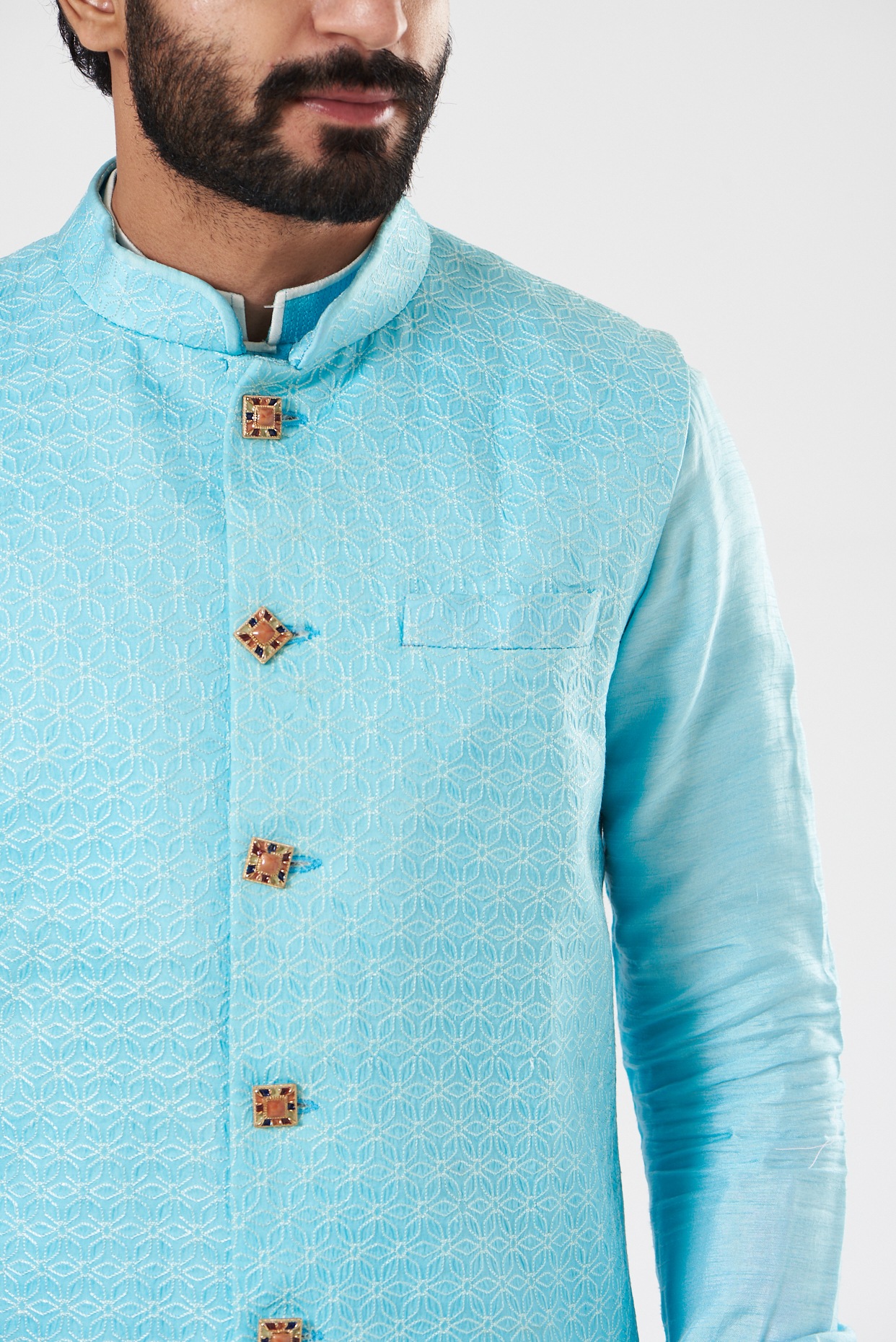 Designer Light Blue Floral Jacket For Men with Weave Work | Jacket for Kurta  | Wedding Jackets for Kurta | Kurta Jackets | Blue Mens Jacket – Kaash