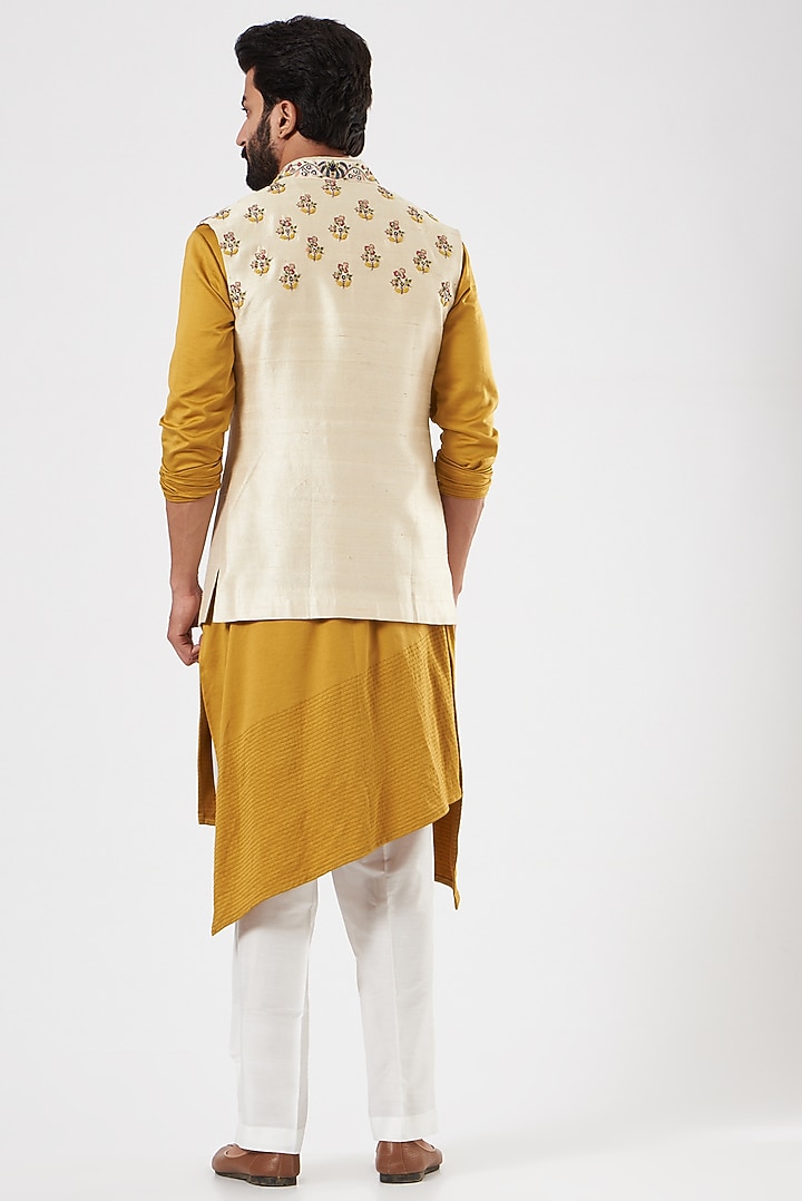 Off-White Silk HAnd Embroidered Nehru Jacket Set by YAJY By Aditya Jain at Pernia's Pop Up Shop