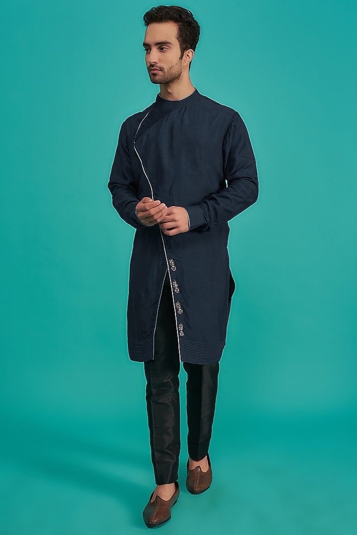 Blue Cotton Silk Embroidered Kurta Set by YAJY By Aditya Jain at Pernia's Pop Up Shop