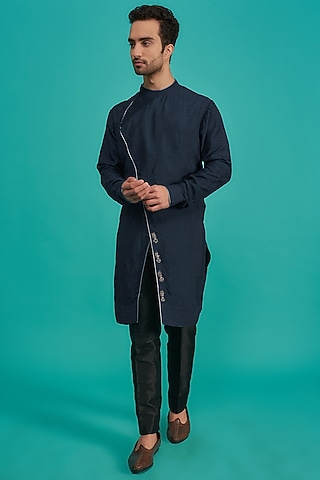 Blue Cotton Silk Embroidered Kurta Set by YAJY By Aditya Jain