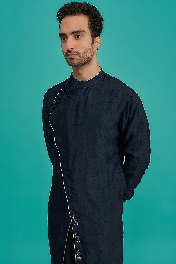 Blue Cotton Silk Embroidered Kurta Set by YAJY By Aditya Jain at Pernia's Pop Up Shop