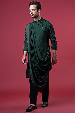 Bottle Green Cotton Silk Embellished Cowl Kurta Set by YAJY By Aditya Jain