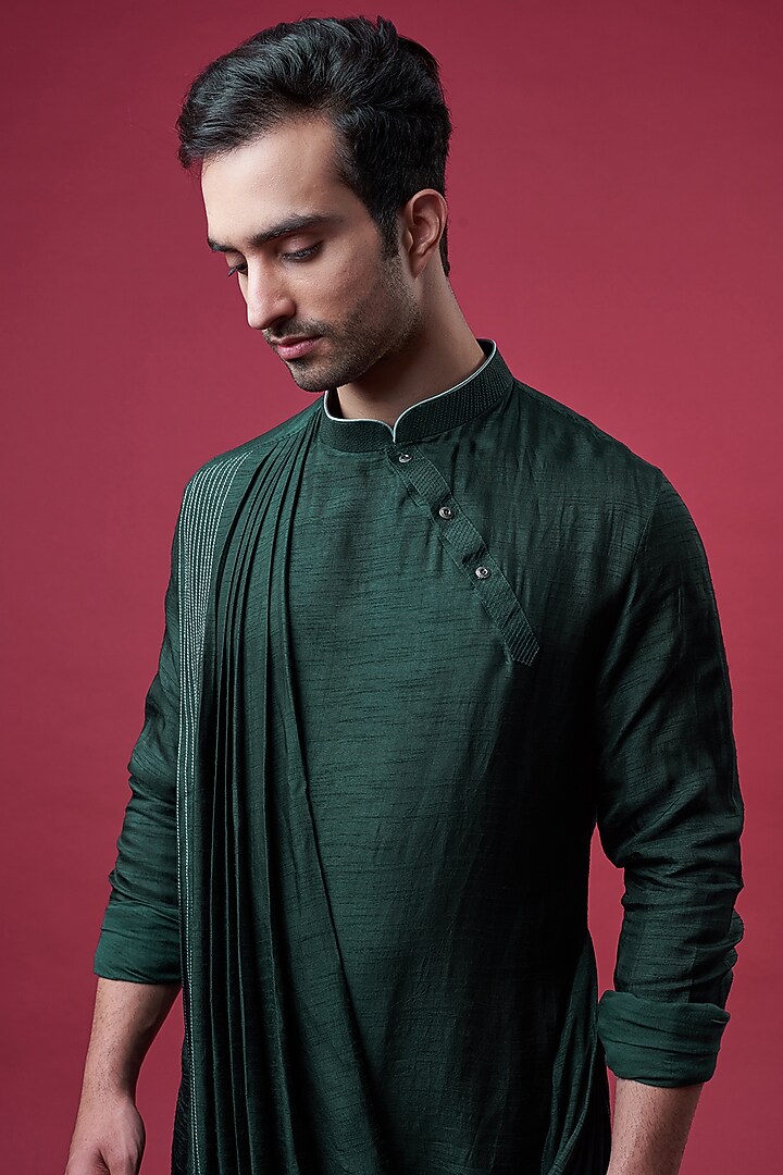 Bottle Green Cotton Silk Embellished Cowl Kurta Set by YAJY By Aditya Jain at Pernia's Pop Up Shop