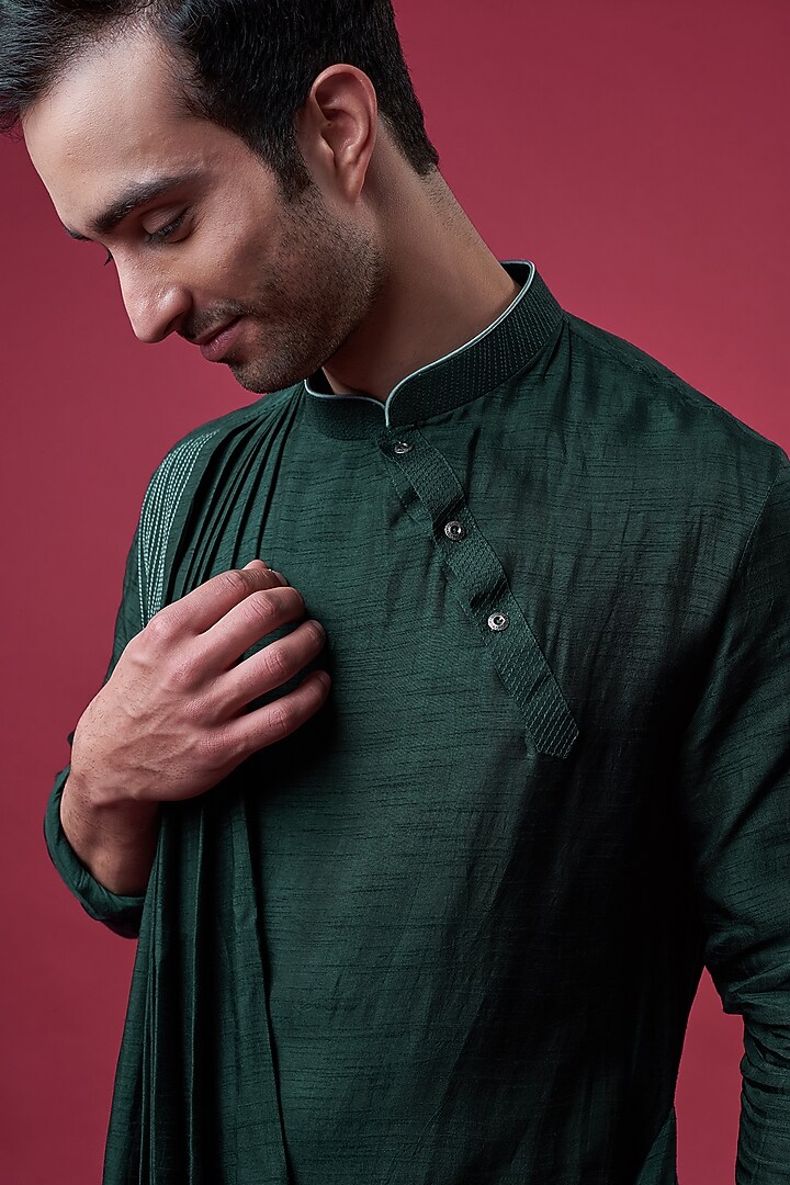 Bottle Green Cotton Silk Embellished Cowl Kurta Set by YAJY By Aditya Jain at Pernia's Pop Up Shop