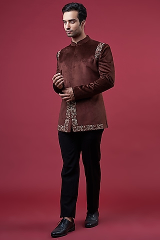 Maroon Suede Embellished Bandhgala Set by YAJY By Aditya Jain